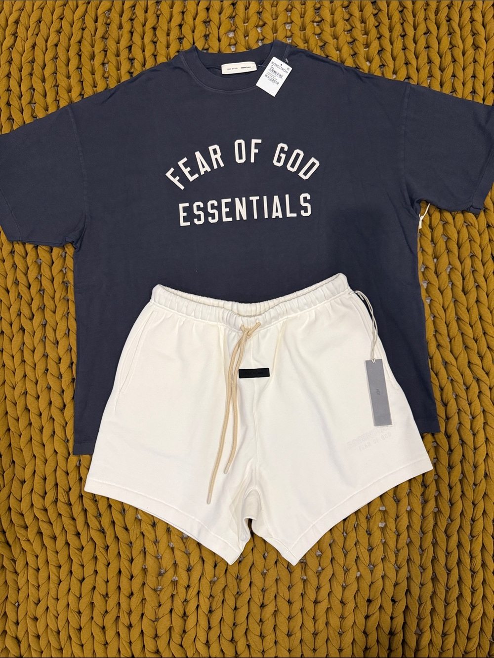 Fear of God Essentials Vintage Black Tee with Cream Shorts Set
